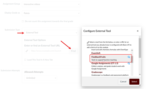 A Canvas interface showing how to configure FeedbackFruits as an external tool. The left side shows assignment settings with 'External Tool' selected under 'Submission Type.' A pop-up window titled 'Configure External Tool' is open on the right, displaying a search bar and a list of available tools, with 'FeedbackFruits' visible in the options.