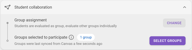 The Student collaboration section in FeedbackFruits assignment setting, showing a group assignment option with 'SELECT GROUPS' and 'CHANGE' buttons.