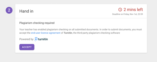 Student view of the Plagiarism check during Submission, with an "Accept" button to agree to Turnitin's terms.