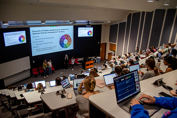 students presenting research in class